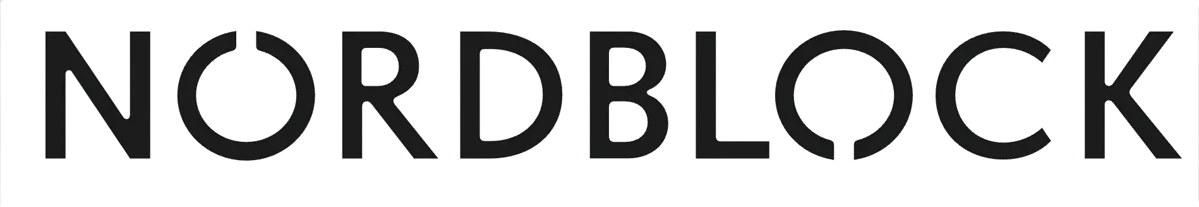 The image shows the word "NORDBLOCK" in a bold, sans-serif font. The letters are dark gray against a black background.